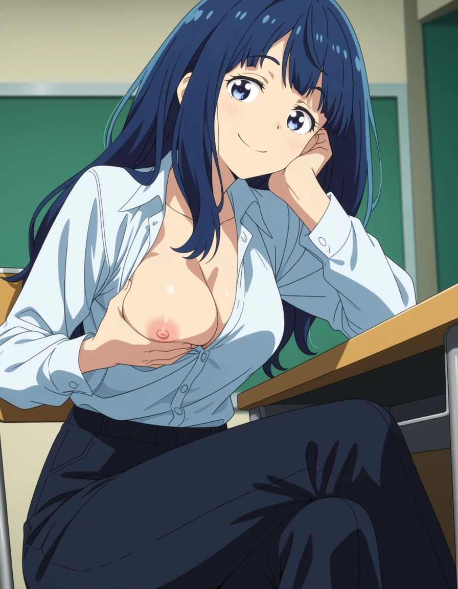 (anime style:1.3), 2d, anime screencap, cel shading, flat color, , Anna Yanami from Make Heroine ga Oosugiru! , sitting at a desk, smiling, one hand resting on his chin, the other hand exposing one breast ,