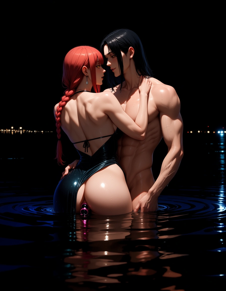 professional photo, high detail, couple, standing, cocktail dress, anal sex, night, RAW photo, ultra realistic, cowboy shot, demon girl, doggy style, toned body, water, @makima_(chainsaw_man), anal_object_insertion, hentai_studio_quality
