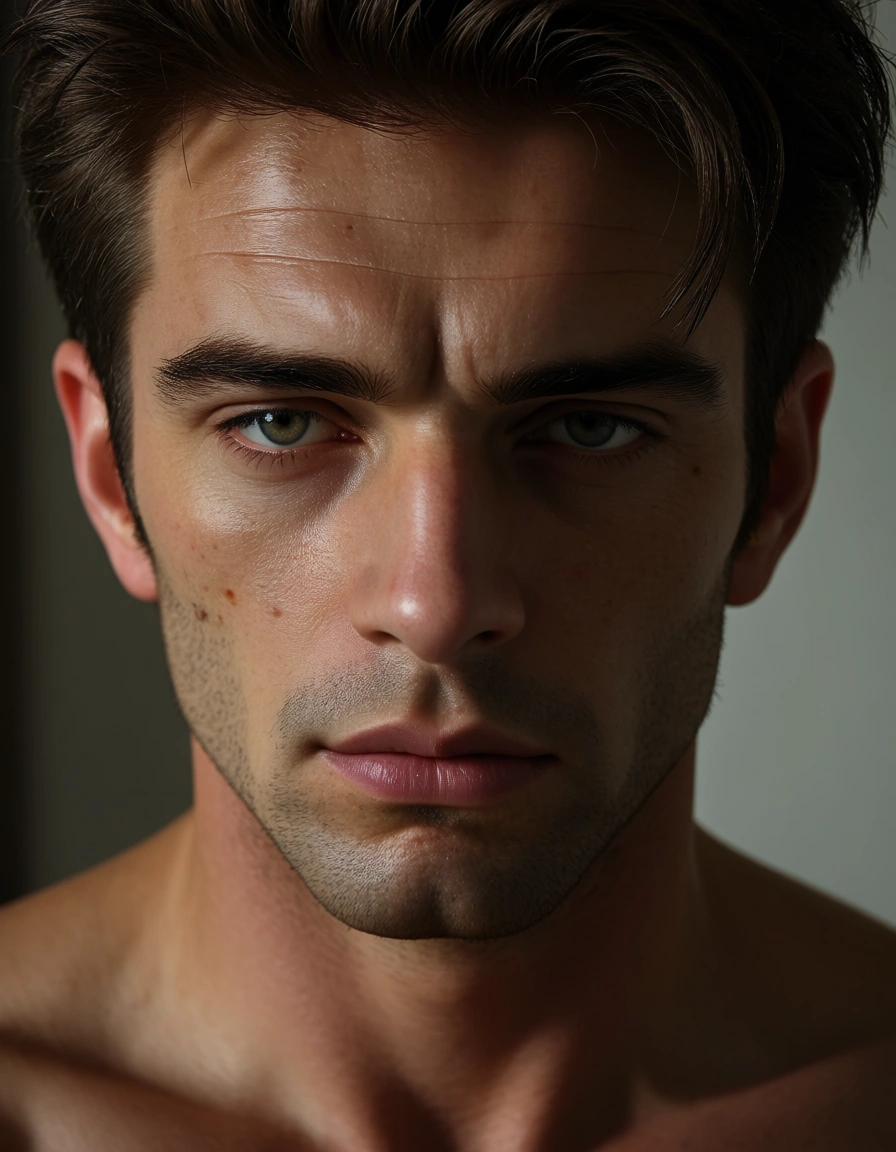 highly detailed, natural lighting, extreme close-up, 1 transboy, 1 man, 8k uhd photo, score_9, score_8, amateur photo, phone snapshot, realistic skin texture, skin blemishes, soft indoor lighting