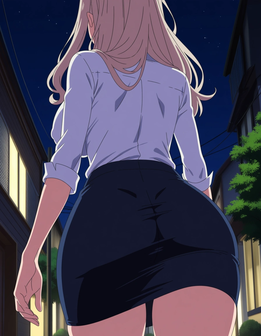 BobTheNeet style, aunt hina, black hair ribbon walking on the street, tight clothes with skirt, large breasts and ass,big areola,milf, (anime style:1.3), 2d, anime screencap, cel shading, flat color, @00osamio00