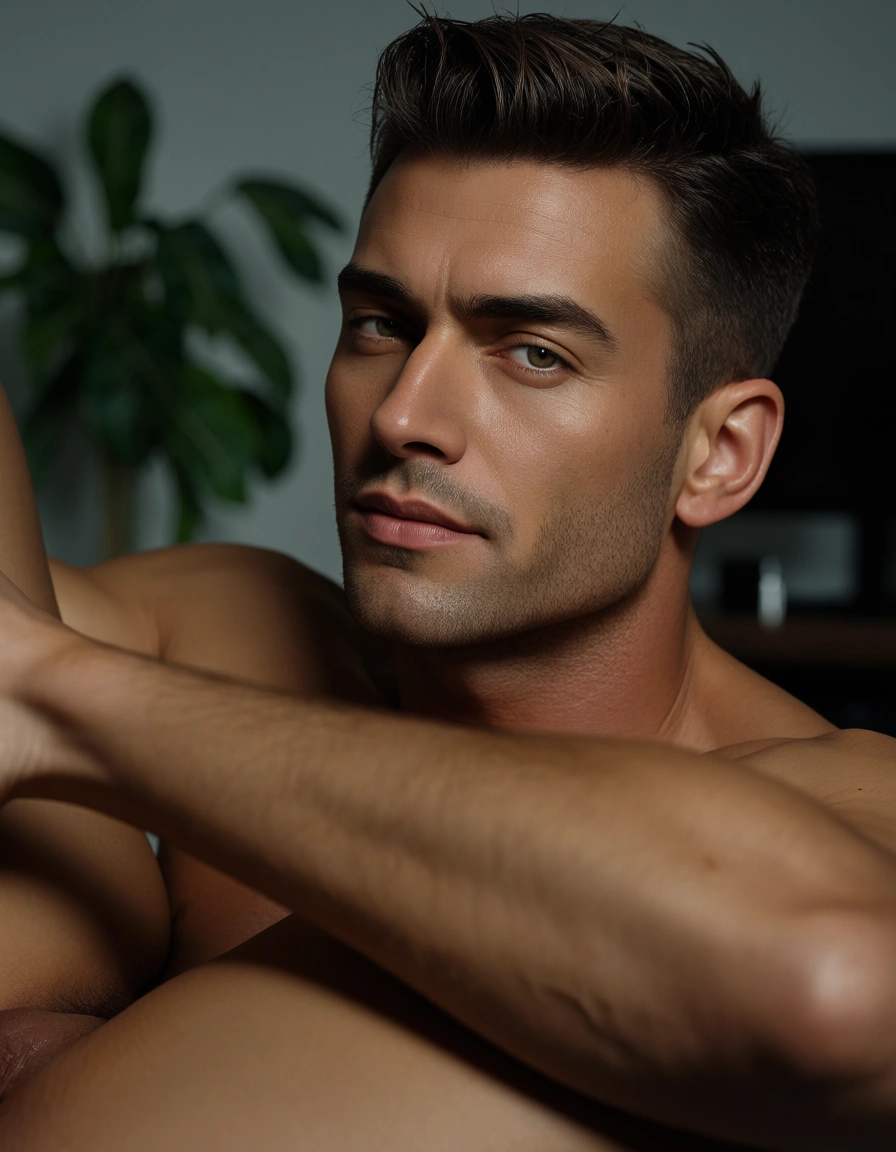 professional photo, high detail, portrait, male focus, anal sex, bare legs, plant, confident gaze, studio photo_(object), score_9, score_8, candid photo, realistic skin texture, visible skin pores, film grain, depth of field