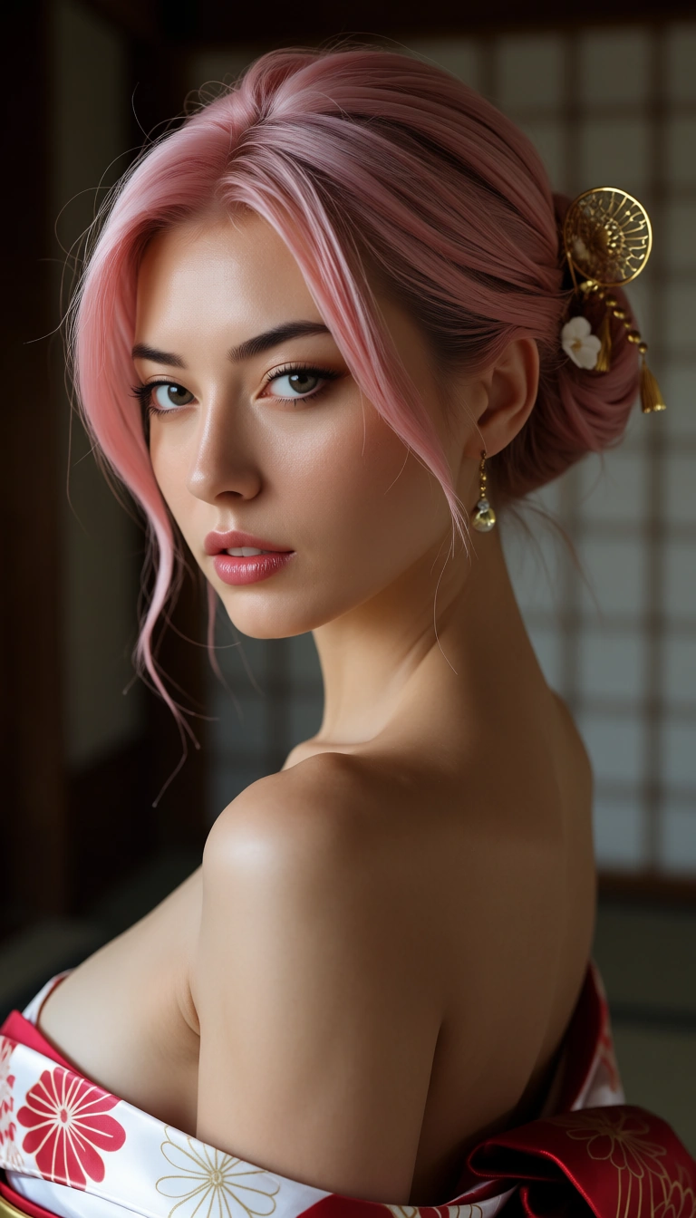highly detailed, natural lighting, office lady, pink hair, japanese clothes, reverse cowgirl, RAW photo