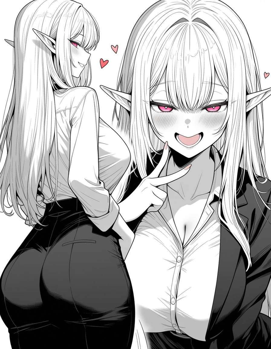 masterpiece, best quality, elf girl, heart, futanari, playful expression, manga panel look, hentai_studio_quality