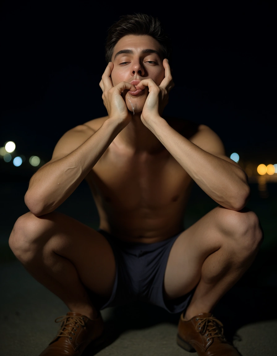ultra HD, lifelike, 1boy, brown footwear, shorts, blowjob, night, backlit, lifelike render, score_9, score_8, candid photo, realistic skin texture, visible skin pores, film grain, depth of field