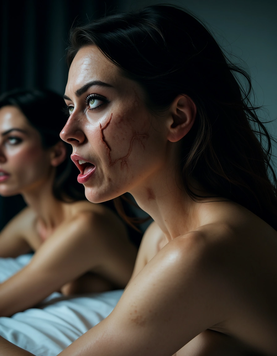 8k, sharp focus, detailed skin, side view, multiple women, ahegao, scar, bed sheet, mysterious vibe, 8k uhd photo, score_9, score_8, candid photo, realistic skin texture, visible skin pores, film grain, depth of field