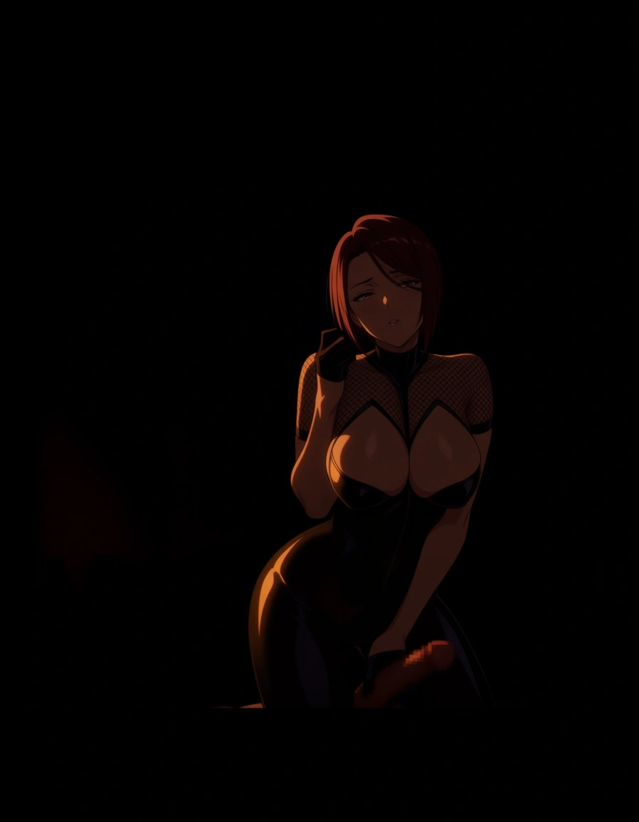 masterpiece, best quality, highres, absurdres, anime coloring, dim warm lighting, dramatic rim light, sensual mood, fishnet, bodysuit, breasts_out, handjob, hentai_studio_quality