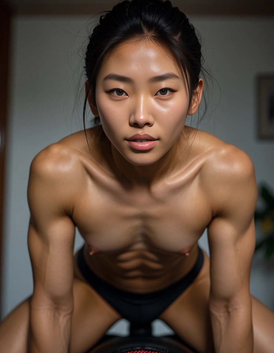Muscular tan Asian jock riding, score_9, score_8, candid photo, realistic skin texture, visible skin pores, film grain, depth of field