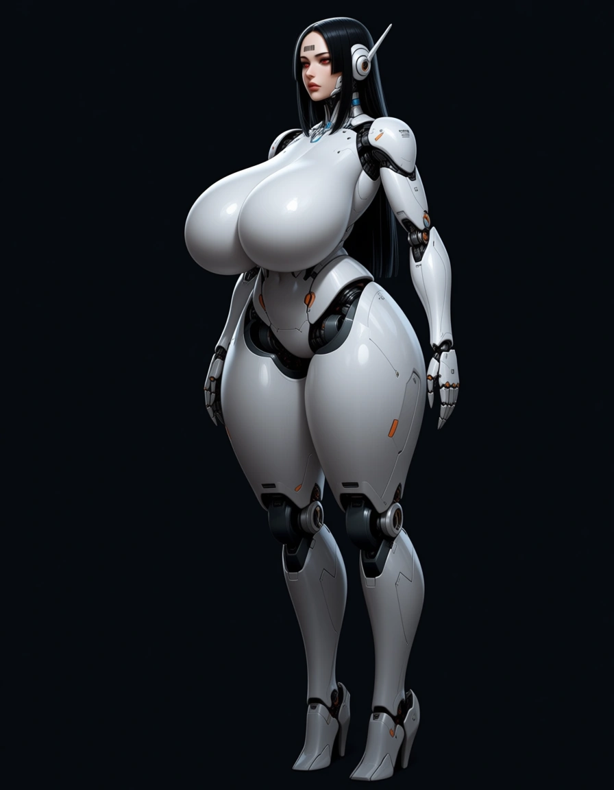 mechanical arms and legs robotic nude woman (long black fringe hair, makeup, big lips, red eyes, connected collar, barcode tattoo on her forehead, gigantic huge breasts, thick thighs, standing up, arms at sides, expressionless, looking_afar), first person view, face to face, viewer touching breasts. BREAK : in a office room, realistic., hentai_studio_quality