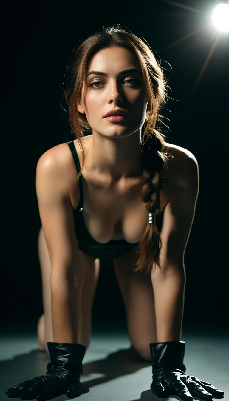 dslr, film grain, photorealistic, solo, single braid, gloves, doggy style, spotlight, film photography