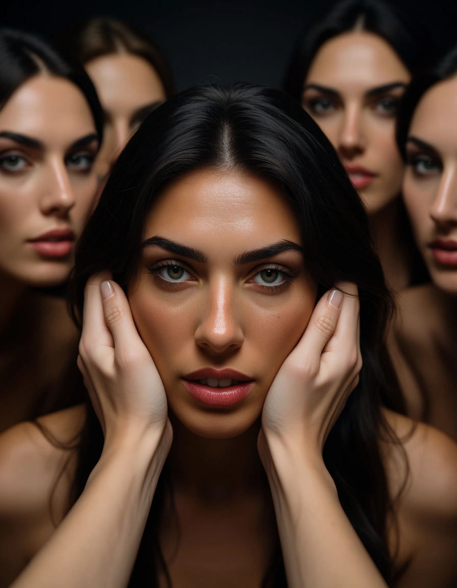 sharp focus, 8k uhd, POV, 6+women, doggy style, hands up, studio photo, score_9, score_8, candid photo, realistic skin texture, visible skin pores, film grain, depth of field