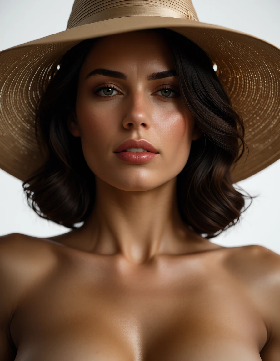 dslr, film grain, photorealistic, solo female, toned body, hat, missionary, white background, portrait, soft lighting, 8k uhd photo, score_9, score_8, candid photo, realistic skin texture, visible skin pores, film grain, depth of field