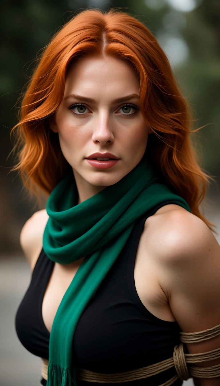 ultra HD, lifelike, redhead woman, scarf, sleeveless, bondage, 8k uhd photo