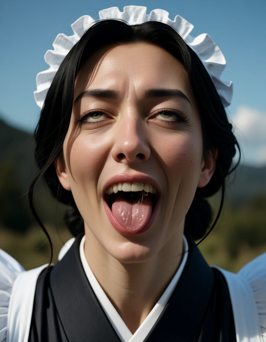 dslr, film grain, photorealistic, maid, black footwear, japanese clothes, ahegao, blue sky, portrait, studio photo, score_9, score_8, candid photo, realistic skin texture, visible skin pores, film grain, depth of field