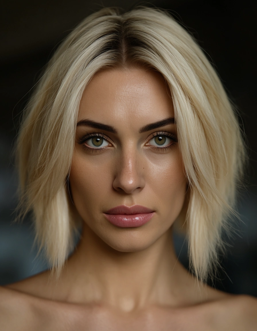 Sie hat Schwarze lange Haare mit nem wolfcut, blonde Augen, sehr dünn und doch eine Kurve zu erkennen, hat eher kleinere titten die aber größ genug sind die zu drücken., score_9, score_8, candid photo, realistic skin texture, visible skin pores, film grain, depth of field