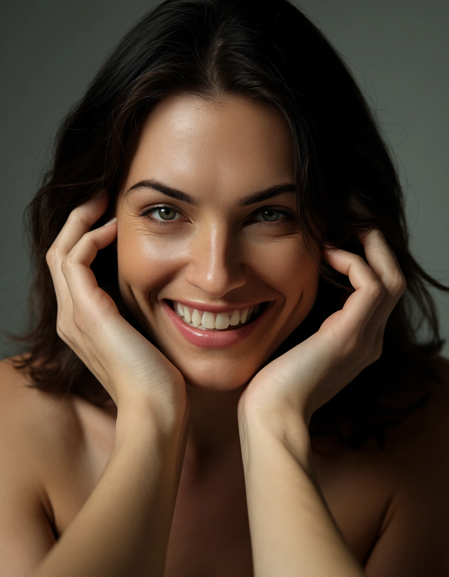 studio quality, sharp focus, 1other, fully nude, holding hands, teasing grin, hyperrealistic, score_9, score_8, candid photo, realistic skin texture, visible skin pores, film grain, depth of field