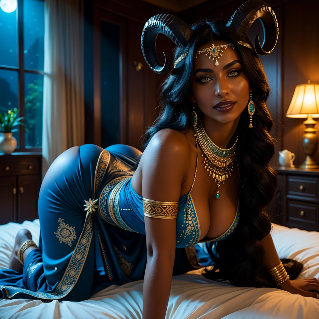 8k, sharp focus, detailed skin, demon girl, cleavage, dress, straddling, moonlight, studio photo, middle eastern beauty with perfect ass doggy style after a date