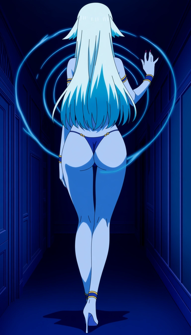 studio quality, cinematic, 4k. A succubus with sapphire blue skin disguised as an erotic dancer with frost blonde hair seen from behind walking down a hallway to a private room swaying her hips seductively as a spiral circles behind her, tall, curvy, deep colors, high saturation