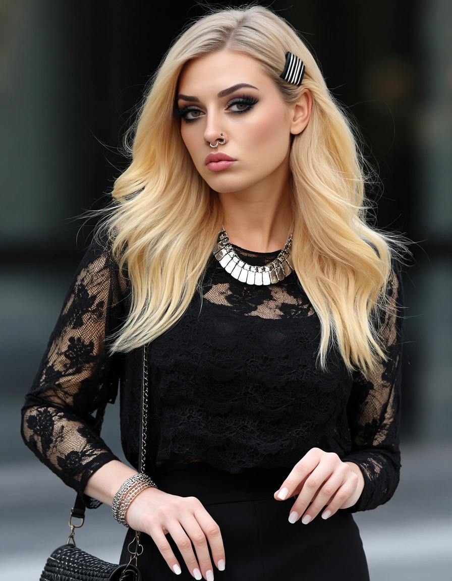 Long, light-blonde hair with a center part, styled in loose, voluminous waves. A black-and-silver hair clip holds a section on the right side.
* Face: Light complexion, defined eyebrows, long eyelashes, dark eye makeup, and a soft pink/nude lip color. She has a small nose piercing.
* Expression: She is looking toward the camera with a relaxed, slightly serious expression and a subtle pout.
* Clothing: She is wearing a black lace long-sleeved top layered over a black garment underneath, paired with a black skirt or shorts. She also has a chunky silver-toned necklace and bracelets.
* Accessories: A black shoulder bag hangs at her side, and she has light-colored manicured nails.
* Pose: She is standing at an angle with one hand near her hip/pocket and the other arm relaxed.
nude cum_on_breasts cum_in_pussy cumdrip cum_on_body cum blush nose_blush, score_9, score_8, candid photo, realistic skin texture, visible skin pores, film grain, depth of field