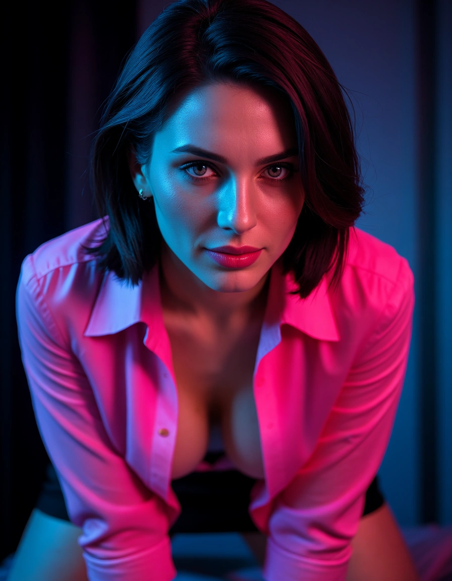 sharp focus, 8k uhd, office lady, open clothes, doggy style, neon glow, film photography, score_9, score_8, candid photo, realistic skin texture, visible skin pores, film grain, depth of field
