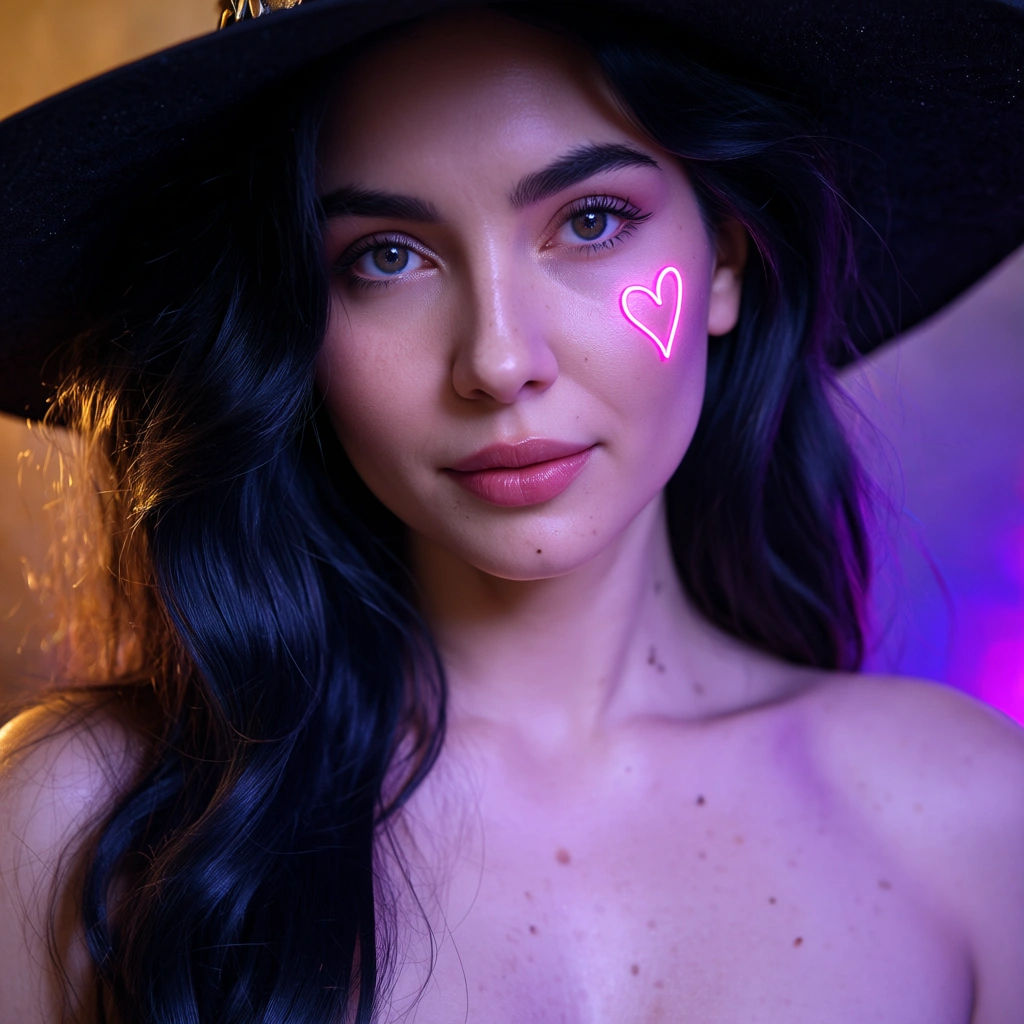 professional photo, high detail, witch, black hair, heart, topless, neon glow, 8k uhd photo