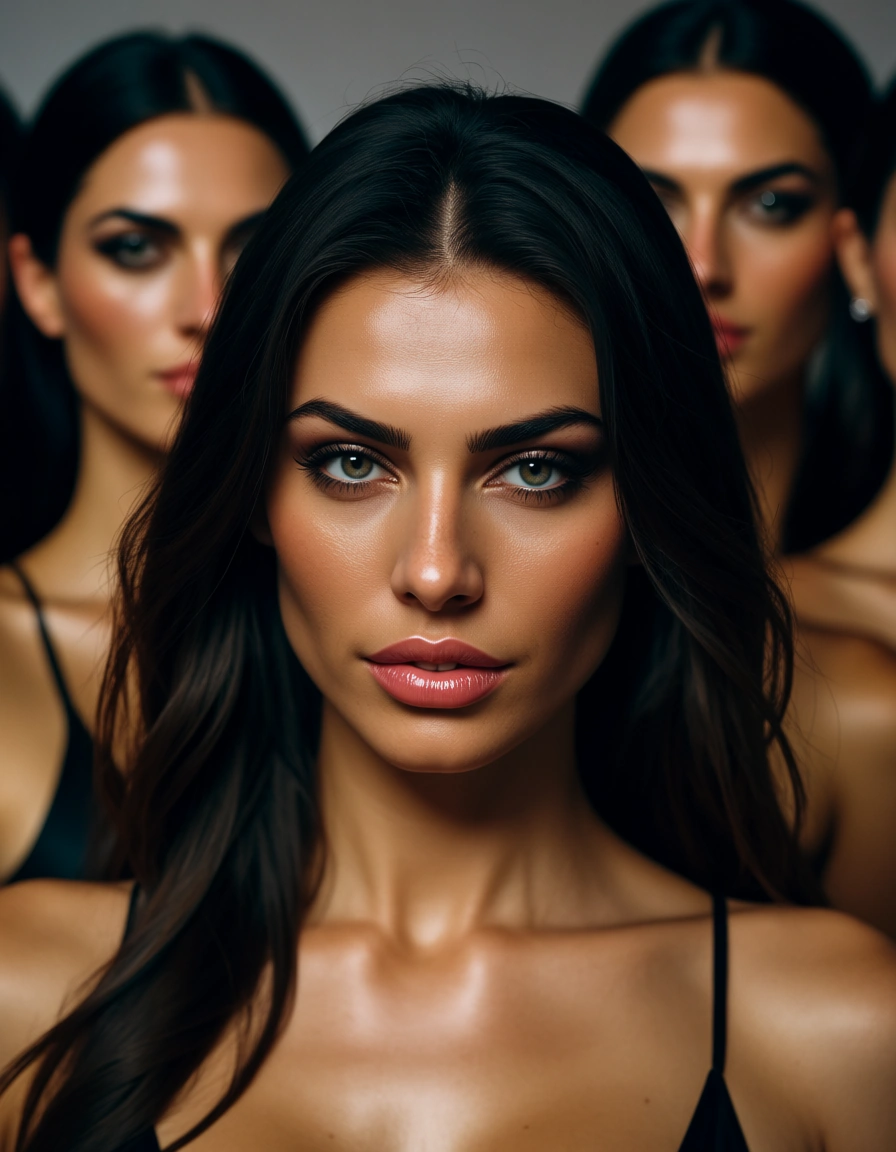 8k, sharp focus, detailed skin, close-up, 6+girls, presenting, black footwear, confident gaze, RAW photo, score_9, score_8, candid photo, realistic skin texture, visible skin pores, film grain, depth of field