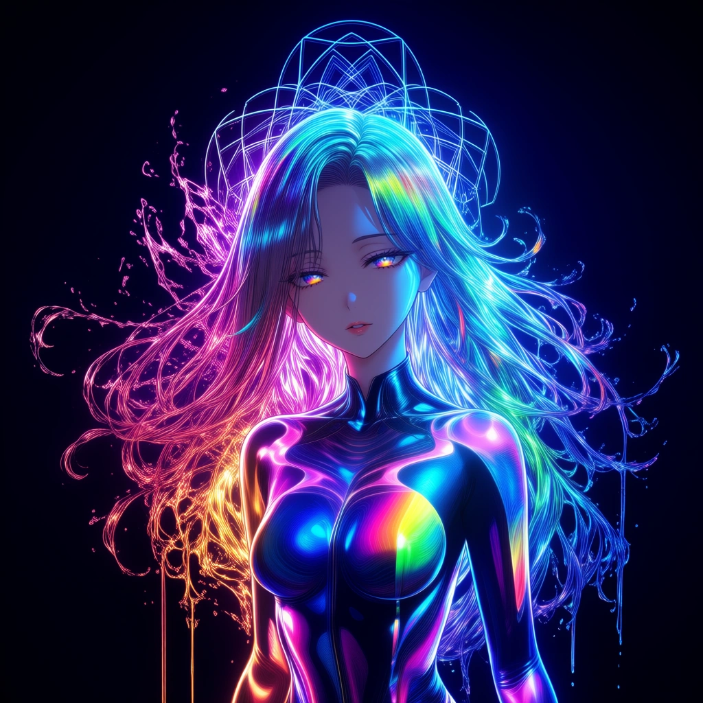 Ultra-detailed psychedelic portrait of a seductive woman with long flowing hair that dissolves into swirling neon fractals and liquid rainbow light, luminous eyes locked on the viewer with a soft half-lidded gaze, full lips slightly parted, wearing a form-fitting iridescent bodysuit that catches shifting holographic colors, body framed by glowing geometric mandalas and melting color trails, soft volumetric lighting, high detail skin texture, cinematic composition, Instagram aesthetic, 8k, (anime style:1.3), 2d, anime screencap, cel shading, flat color, @00osamio00