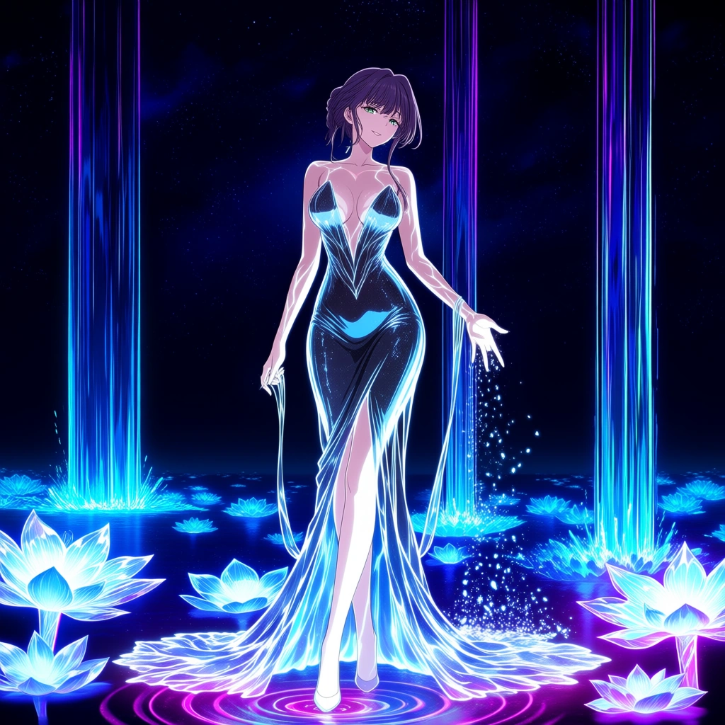 Seductive female figure standing in a dreamlike psychedelic landscape of floating crystalline flowers and cascading neon waterfalls, hourglass silhouette emphasized by a tight shimmering dress made of liquid light and translucent energy ribbons, one hand gently trailing through glowing particles, confident yet inviting smile, skin glowing with subtle bioluminescent patterns, vibrant fractal sky, ethereal atmosphere, highly detailed, seductive but elegant, Instagram-ready, (anime style:1.3), 2d, anime screencap, cel shading, flat color, @00osamio00