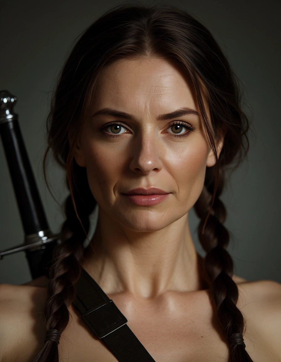 ultra HD, lifelike, mature female, twin braids, weapon, facesitting, dslr quality, score_9, score_8, candid photo, realistic skin texture, visible skin pores, film grain, depth of field