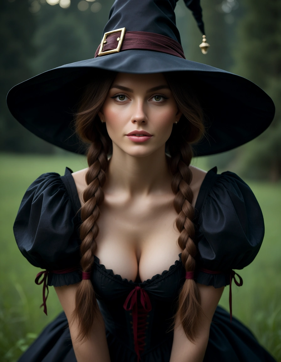 ultra HD, lifelike, witch, braid, puffy sleeves, doggy style, hyperrealistic, score_9, score_8, candid photo, realistic skin texture, visible skin pores, film grain, depth of field