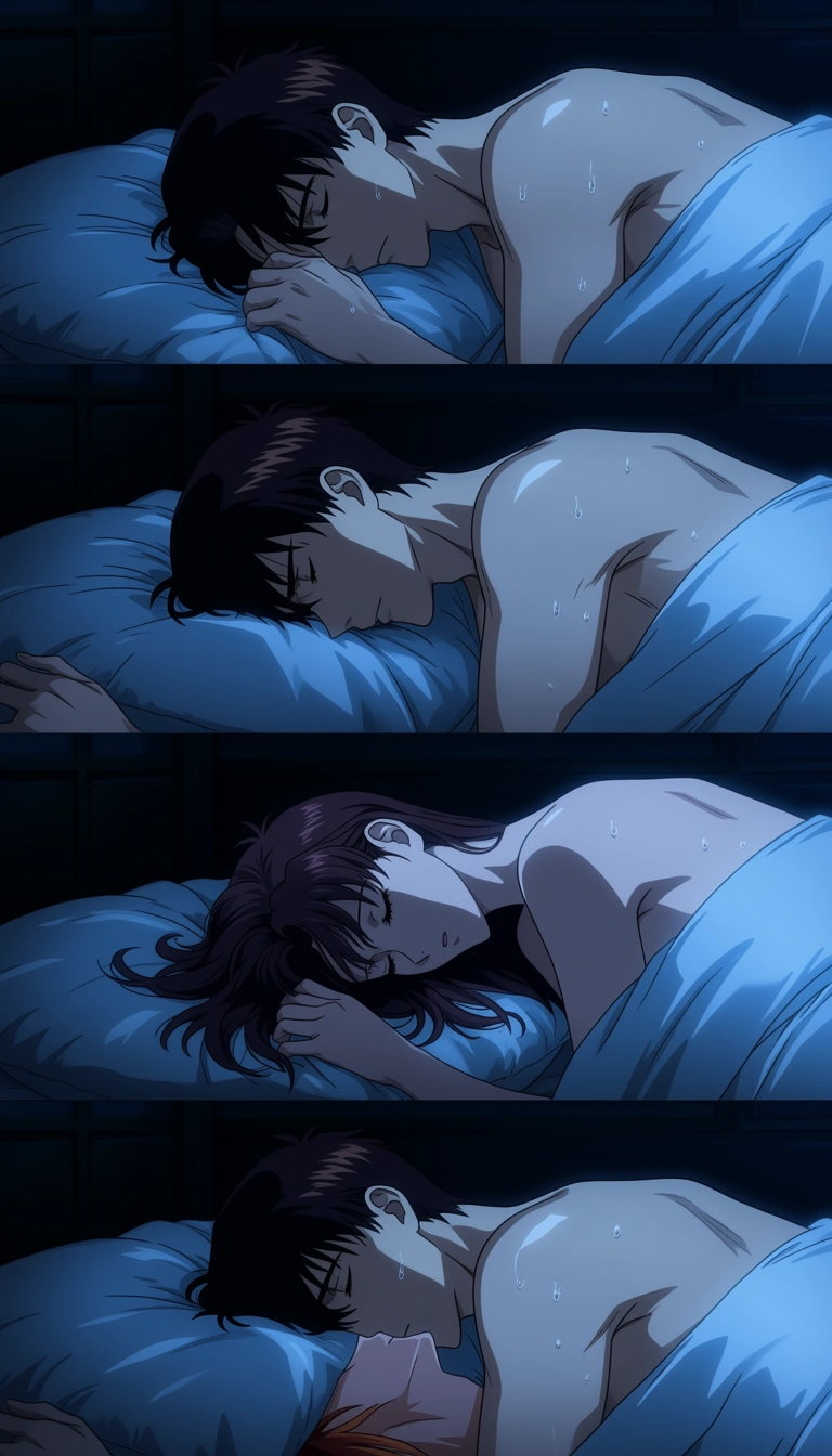 Masterpiece, amazing quality, highly detailed, intricate details, Neon Genesis Evangelion, manga screencap, manga style, 5-panel layout, full color, man and woman lying in bed, sweaty skin, in the bedroom, hentai_studio_quality
