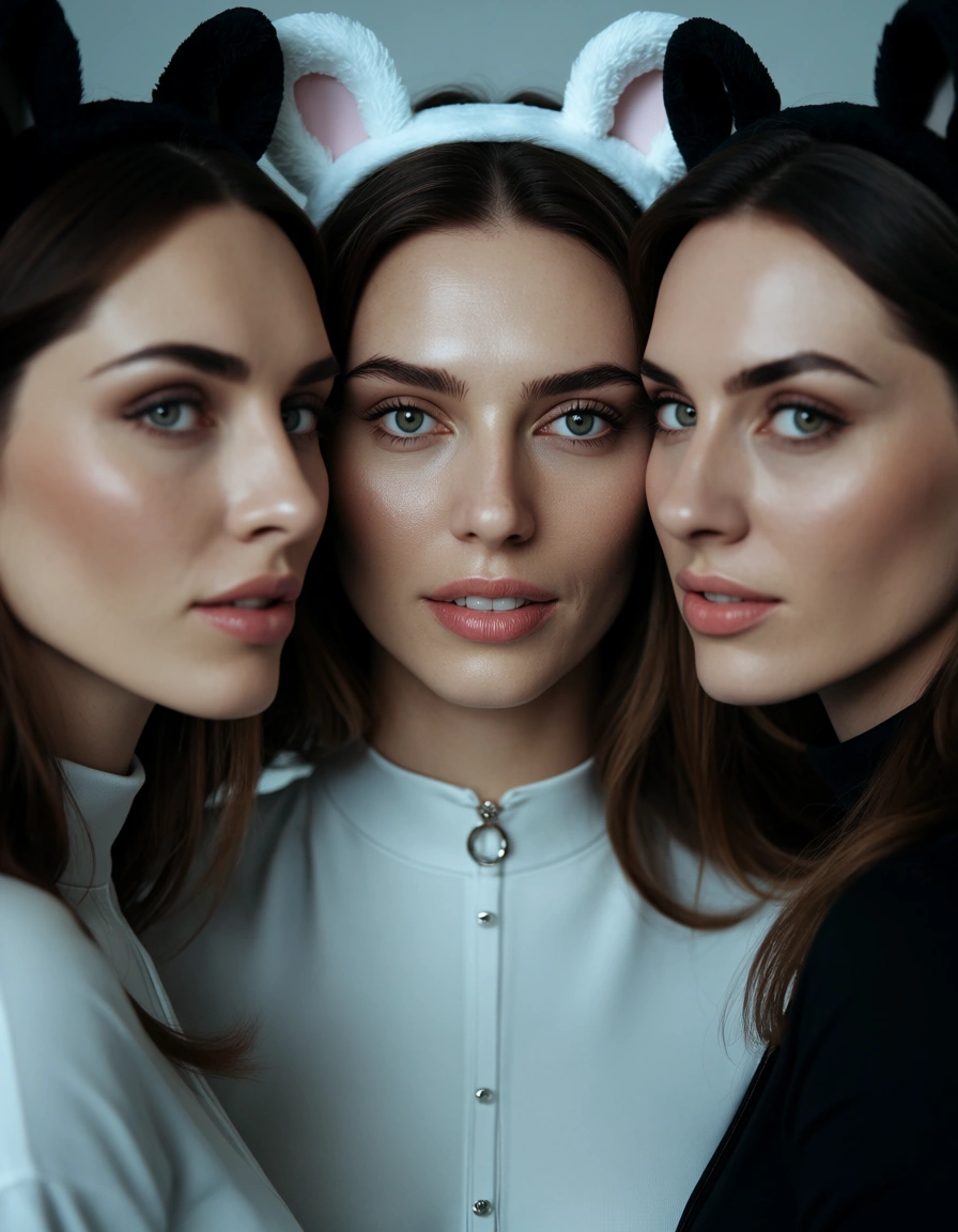 ultra HD, lifelike, 3girls, fake animal ears, long sleeves, creampie, three-quarter view, cool tones, natural skin texture, score_9, score_8, candid photo, realistic skin texture, visible skin pores, film grain, depth of field