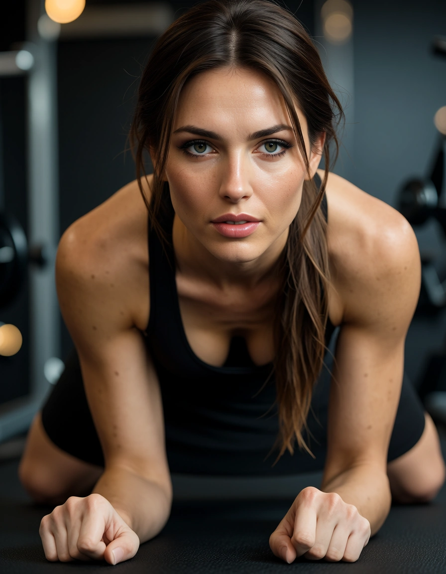cinematic photo, 8k, fitness model, hands up, black skirt, doggy style, full body, dslr quality, score_9, score_8, candid photo, realistic skin texture, visible skin pores, film grain, depth of field
