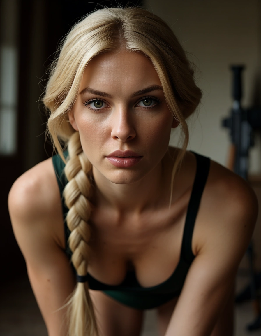 8k, sharp focus, detailed skin, solo, single braid, weapon, doggy style, soft lighting, natural skin texture blonde_hair , narrow_waist ,, score_9, score_8, candid photo, realistic skin texture, visible skin pores, film grain, depth of field