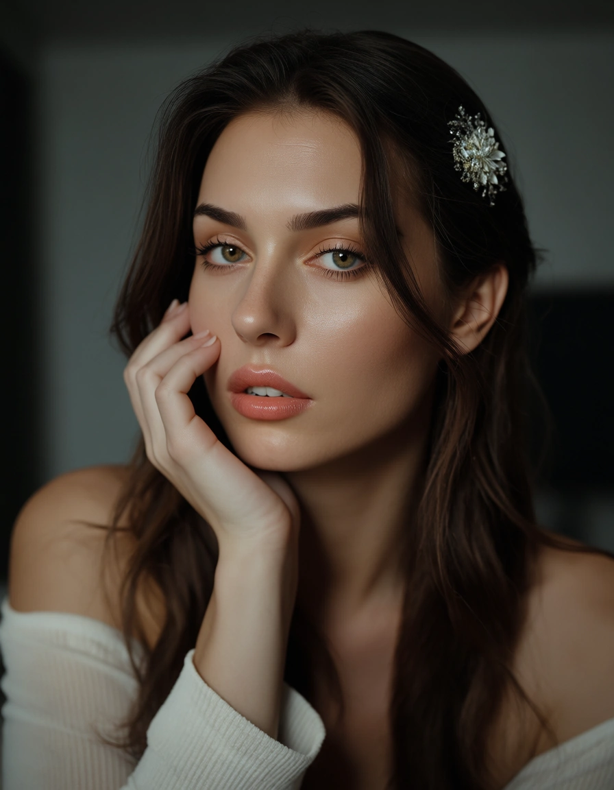 best quality, hyperrealistic, solo, hair ornament, long sleeves, futanari, 8k uhd photo, score_9, score_8, candid photo, realistic skin texture, visible skin pores, film grain, depth of field
