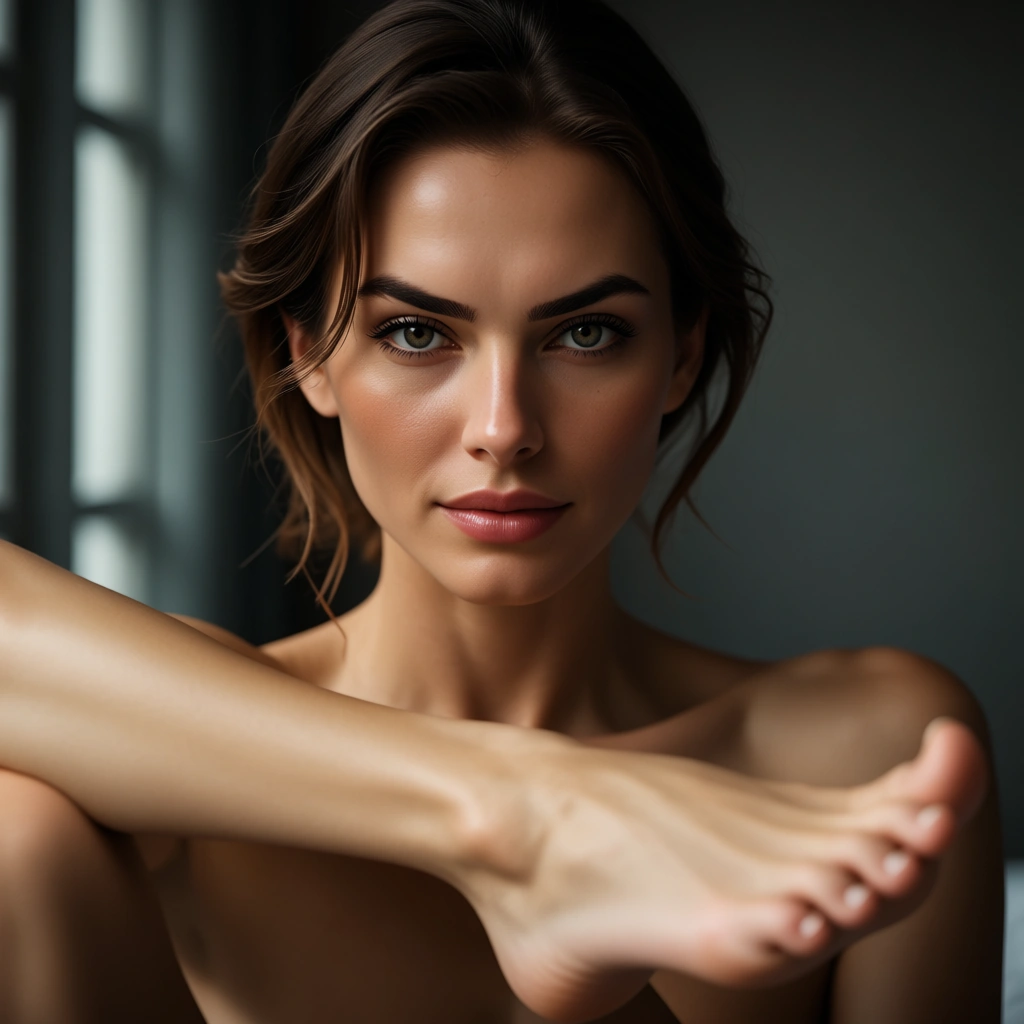 8k, sharp focus, detailed skin, nurse, topless, feet, confident gaze, studio photo, score_9, score_8, candid photo, realistic skin texture, visible skin pores, film grain, depth of field