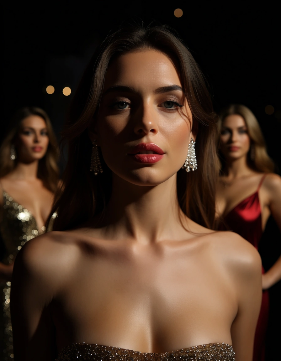 8k, sharp focus, detailed skin, 4girls, cocktail dress, topless, spotlight, dslr quality, score_9, score_8, candid photo, realistic skin texture, visible skin pores, film grain, depth of field