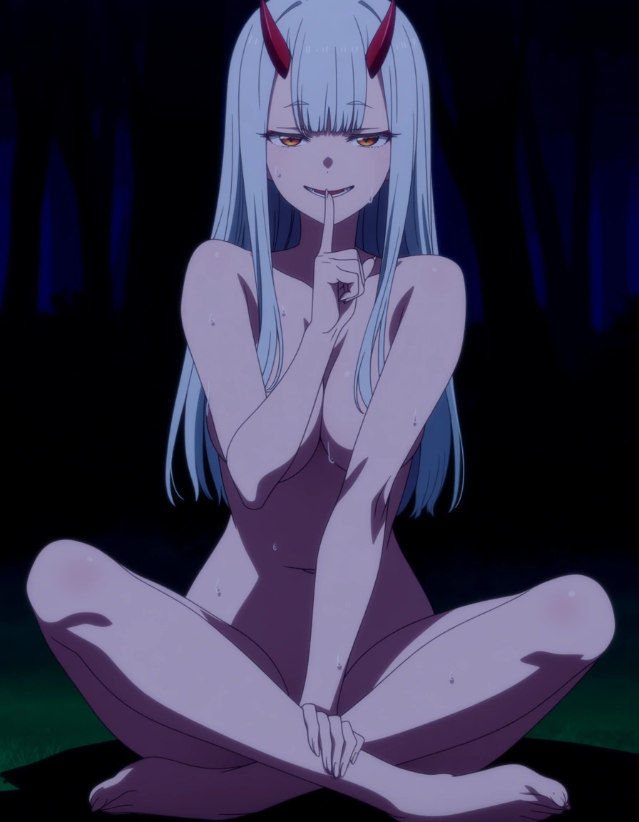 (anime style:1.3), 2d, anime screencap, cel shading, flat color, A nude woman with small red horns and long, straight white hair. She has a playful, mischievous expression, a petite, delicate, and huggable figure, smooth skin with a light sheen of sweat, graceful legs, and long, slender fingers. She is sitting cross-legged in a dark forest, gently resting her index finger against her lips while looking directly at the viewer with a teasing expression.