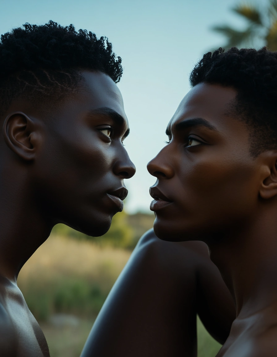 cinematic photo, 8k, side view, 2boys, leg up, dark skin, day, dominant stare, 8k uhd photo, score_9, score_8, candid photo, realistic skin texture, visible skin pores, film grain, depth of field