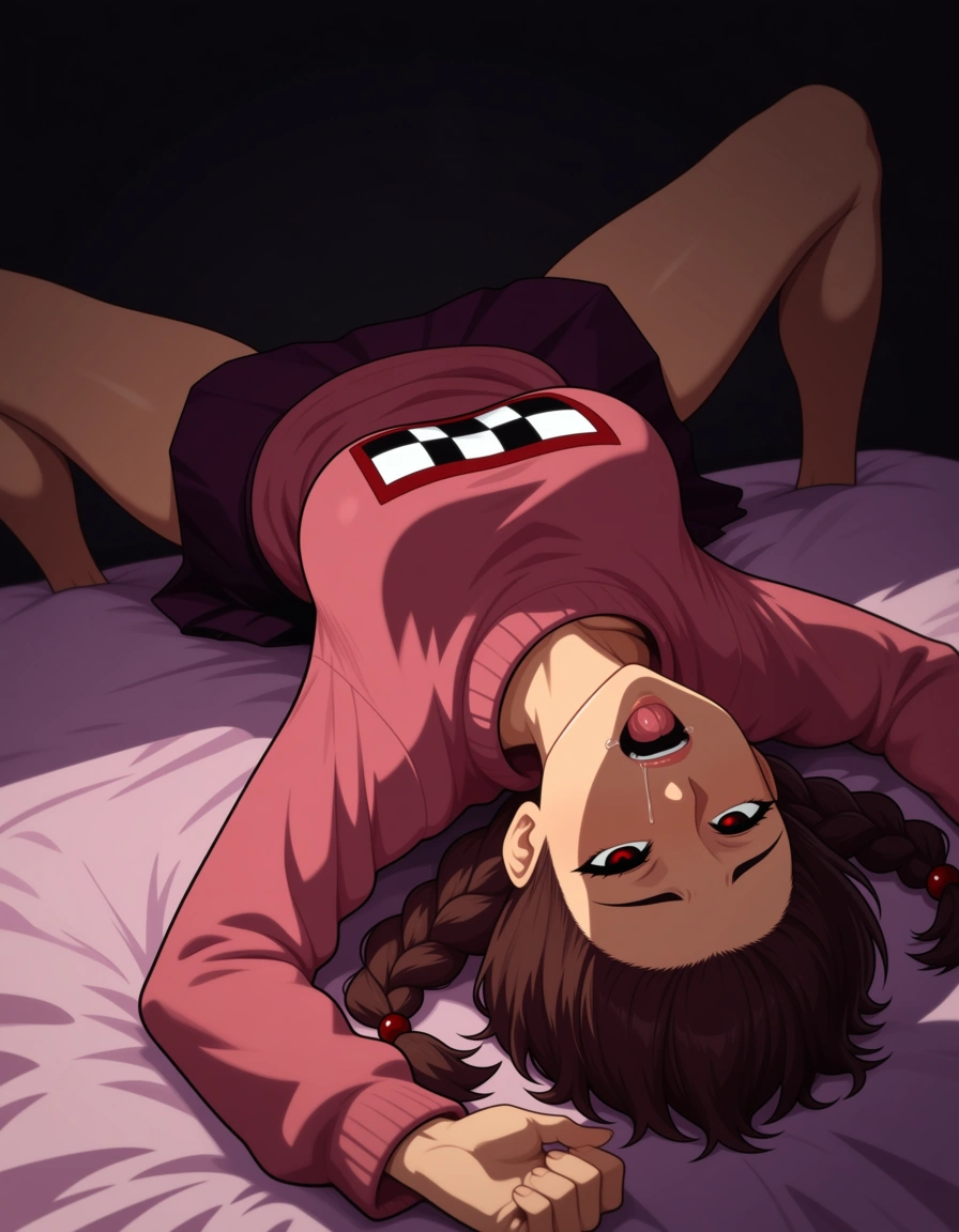 #tarakanovich_artstyle, @madotsuki, yume_nikki, 1girl, solo, aged_up, medium_breasts, brown_hair, twin_braids, sweater, skirt, full-face_blush, ball_gag, saliva, drooling, arms_behind_back, lying, on_back, on_bed, from_above, hentai_studio_quality