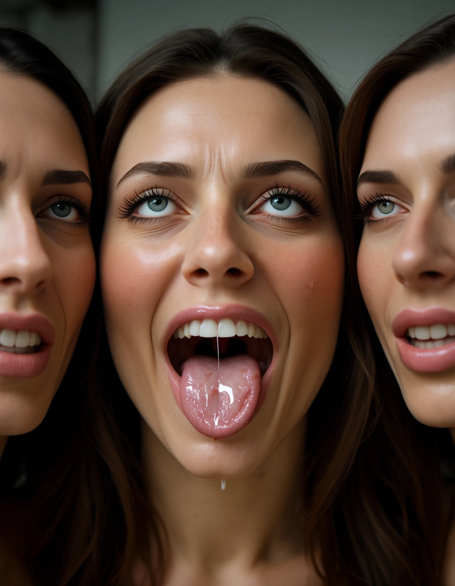 ultra HD, lifelike, 3girls, food, ahegao, 8k uhd photo, score_9, score_8, candid photo, realistic skin texture, visible skin pores, film grain, depth of field