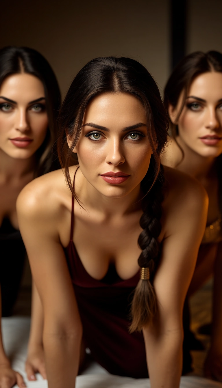 dslr, film grain, photorealistic, 3women, single braid, cocktail dress, on all fours, warm tones, studio photo