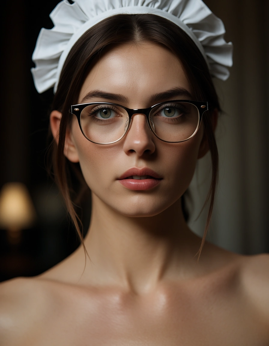 cinematic photo, 8k, maid, glasses, tail, fully nude, portrait, 8k uhd photo, score_9, score_8, candid photo, realistic skin texture, visible skin pores, film grain, depth of field