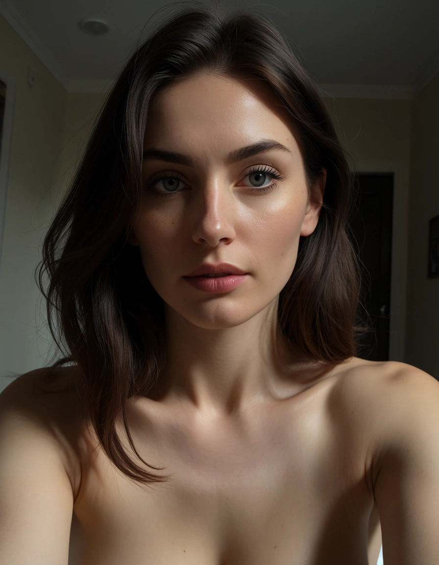 casual shot, realistic, 1woman, bedroom eyes, fully nude, bare shoulders, candid shot, score_9, score_8, amateur photo, phone snapshot, realistic skin texture, skin blemishes, soft indoor lighting