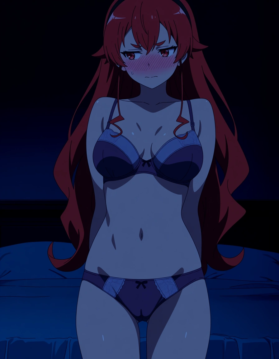 (anime style:1.3), 2d, anime screencap, cel shading, flat color, Eris Boras Greyrat From Mushoku Tensei, underwear, bra, panties, embarrassed, horny, front view, standing, blushing, pussy line, looking away, full blush, Night, Blue hour, cameltoe, Showing One Breasts, bed room
