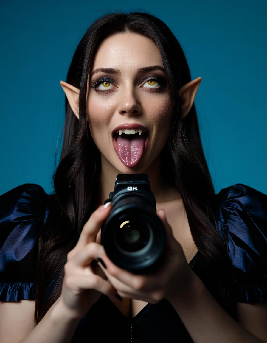 sharp focus, 8k uhd, succubus, pointy ears, puffy sleeves, holding, ahegao, blue background, film photography, score_9, score_8, candid photo, realistic skin texture, visible skin pores, film grain, depth of field