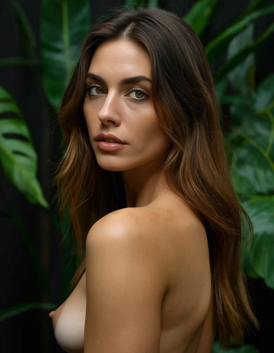 ultra HD, lifelike, over the shoulder, 4women, topless, lips, plant, natural skin texture, score_9, score_8, candid photo, realistic skin texture, visible skin pores, film grain, depth of field