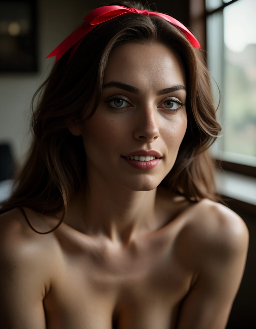 sharp focus, 8k uhd, bunny girl, collarbone, ribbon, biting lip, fully nude, window light, film photography, score_9, score_8, candid photo, realistic skin texture, visible skin pores, film grain, depth of field