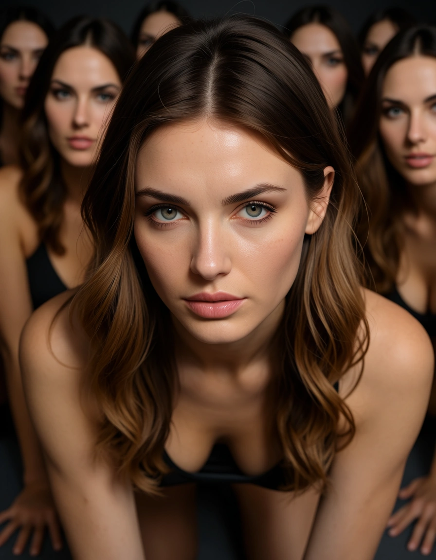 8k, sharp focus, detailed skin, three-quarter view, 6+girls, on all fours, midriff, submissive stare, studio photo, extreme detail to skin hair and eyes, Caucasian, cute,, score_9, score_8, candid photo, realistic skin texture, visible skin pores, film grain, depth of field