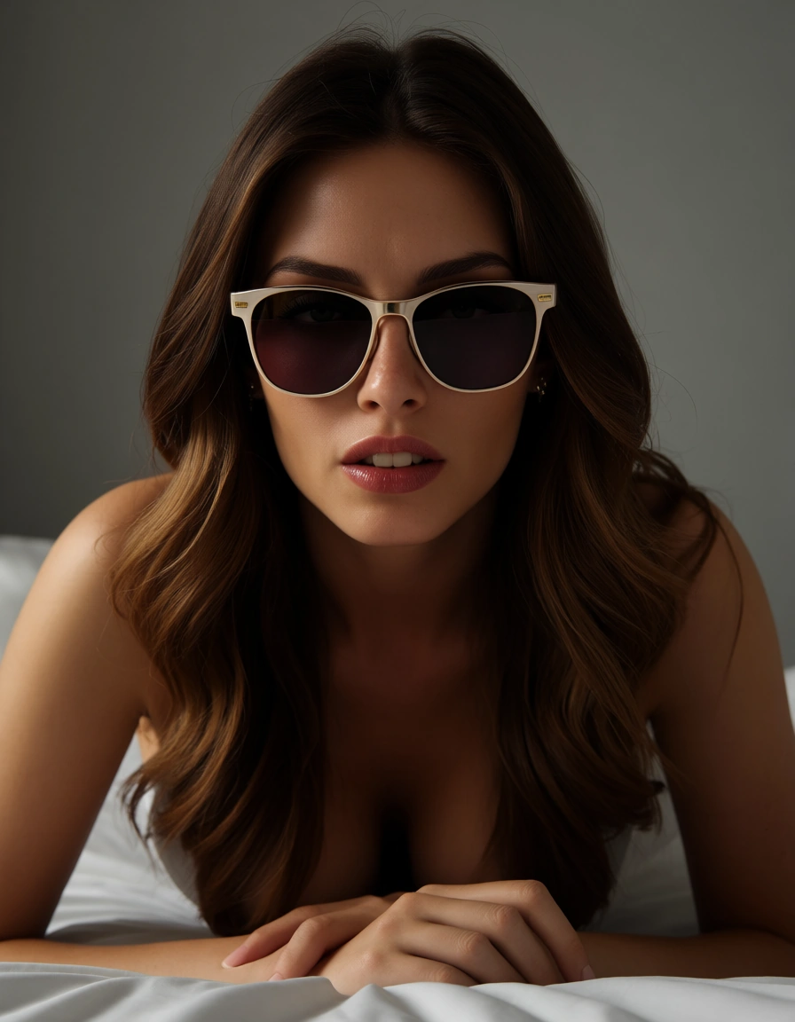 unfiltered, real life, office lady, creampie, sunglasses, smoldering look, bed sheet, casual photo, score_9, score_8, 3d render, octane render, subsurface scattering, ray tracing, smooth shading