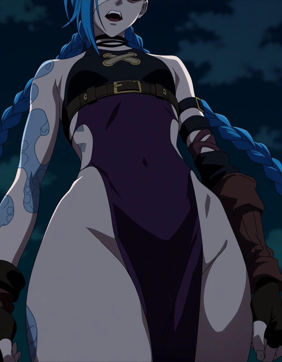 Jinx arcane league of legends full_body thick_thighs, revealing_clothes, (anime style:1.3), 2d, anime screencap, cel shading, flat color
